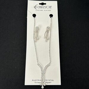 Charlestone Jewelry Set Necklace Earrings Austrian Crystal Faux Pearl Wedding